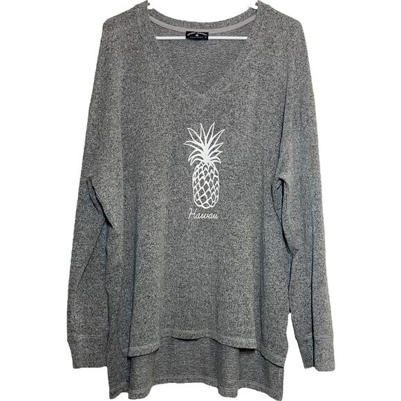 Spirit Jersey Pineapple Hawaii Long Sleeve Tunic Shirt Top Hi-Lo V-Neck Gray L - Picture 1 of 5